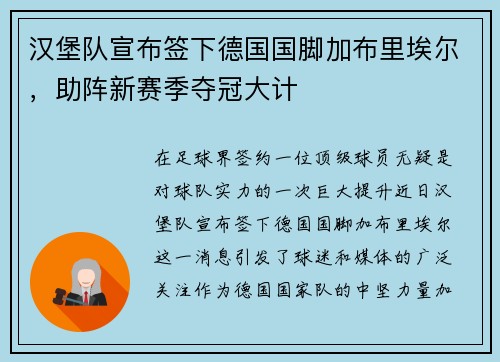 汉堡队宣布签下德国国脚加布里埃尔，助阵新赛季夺冠大计