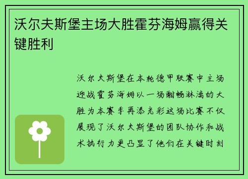 沃尔夫斯堡主场大胜霍芬海姆赢得关键胜利